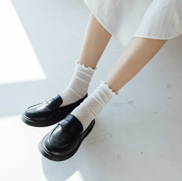 1 pair of socks for women summer thin black middle tube socks Japanese lace ballet style socks mesh breathable pile socks